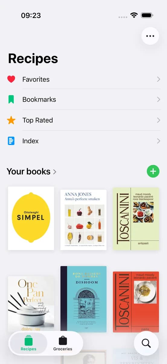 CookCook beginscherm met je kookboekenbibliotheek